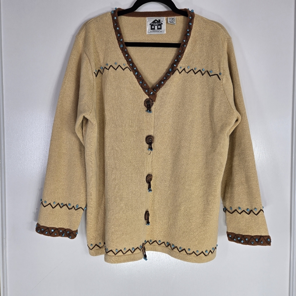 Storybook Knits Sweater Cardigan Leather‎ Turquoise Details Southwestern Size 1X